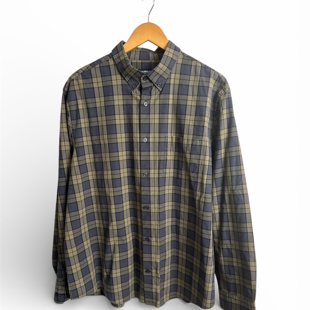 Express Men's Checkered Shirt - Navy and Olive